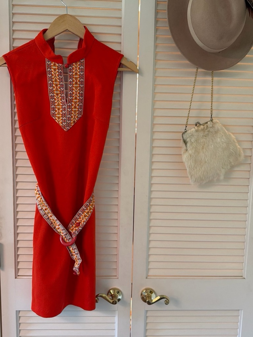 Vintage Red Sleeveless Mini Dress with Embroidered Panel